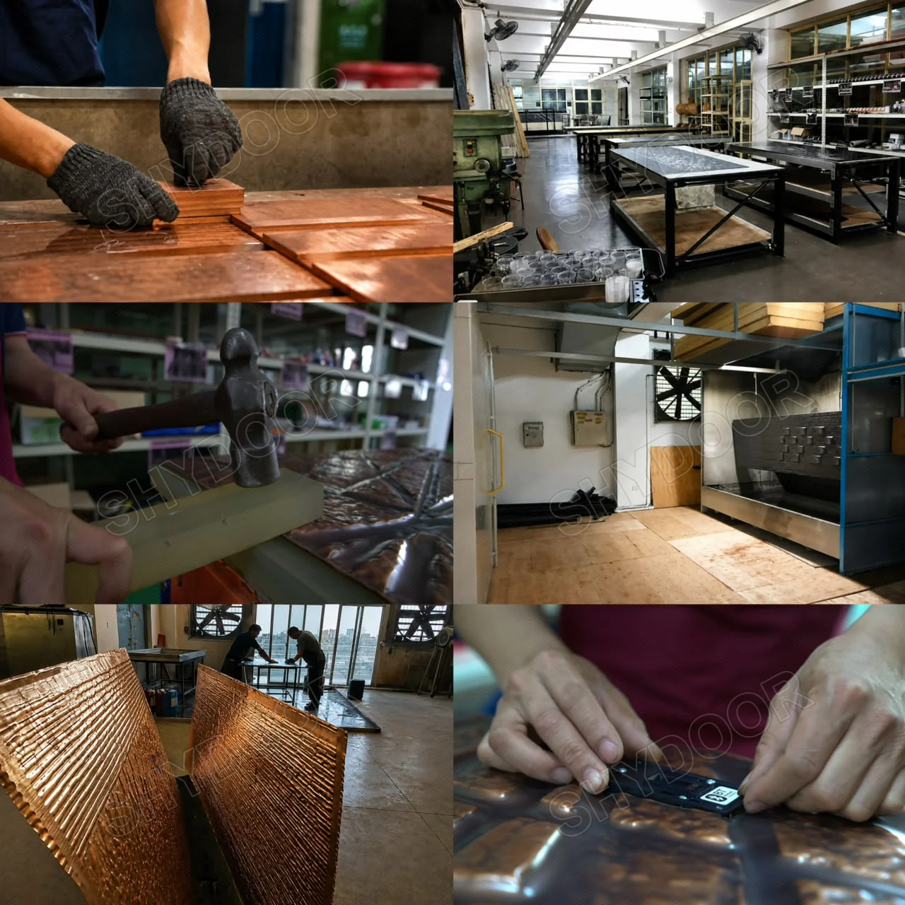 Six-stage collage of SHYDOOR copper door craftsmanship