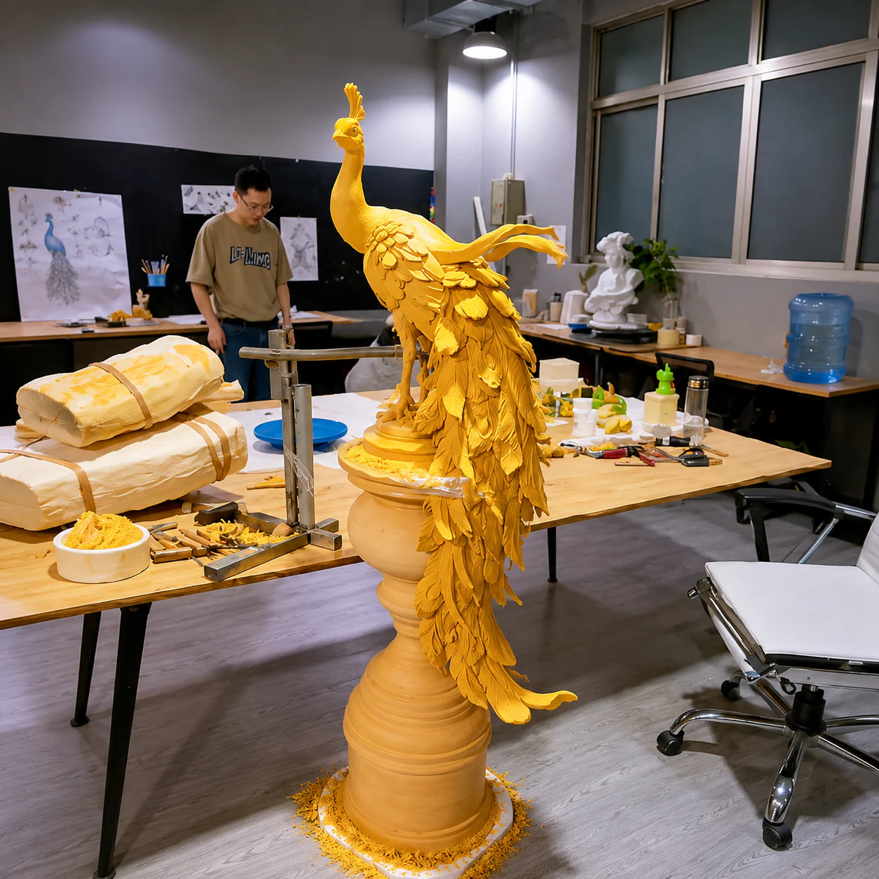 A sculpted peacock taking shape in the SHYDOOR workshop
