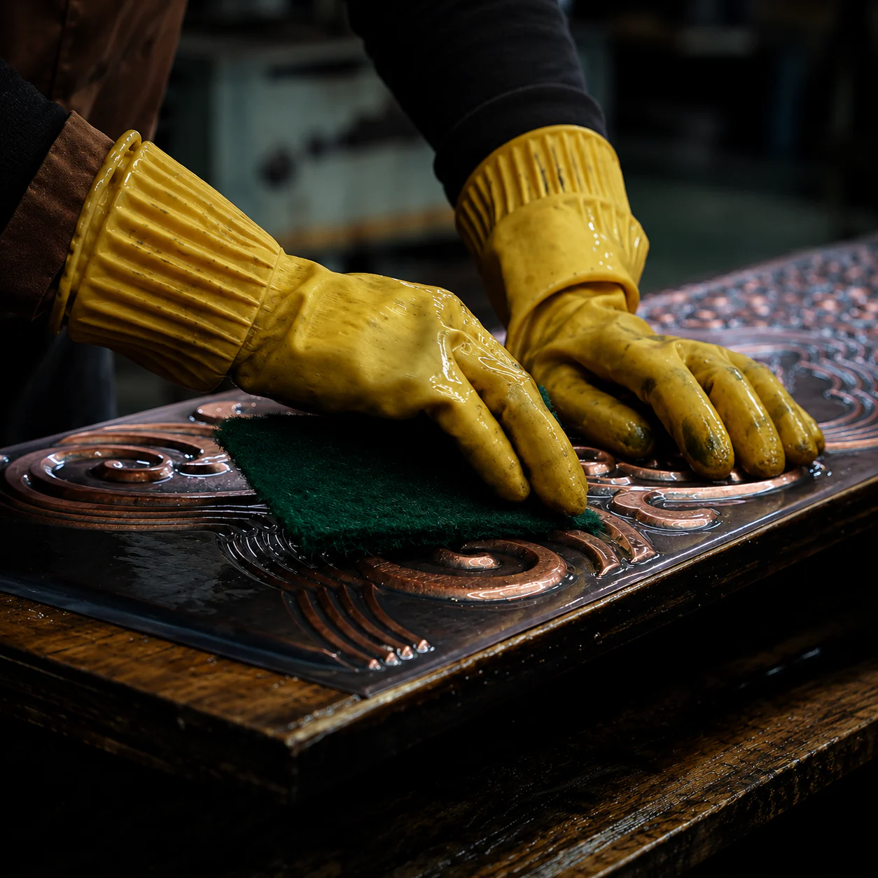 Hands working the surface of a copper relief panel