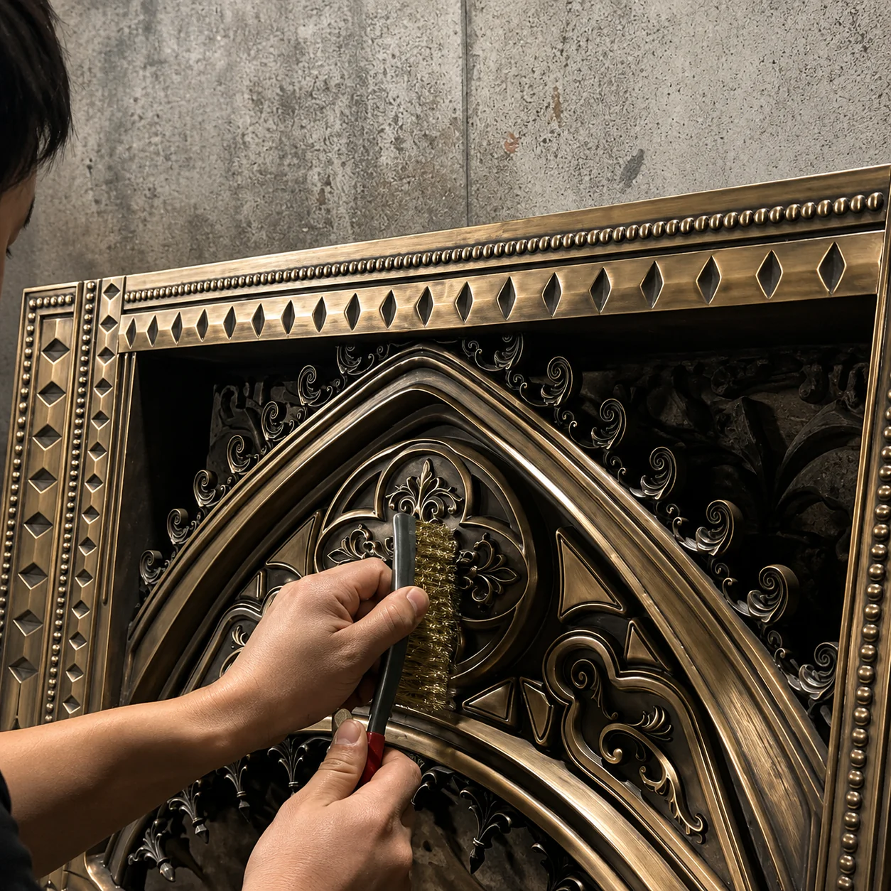 An artisan brushing the finish of an ornate metal panel