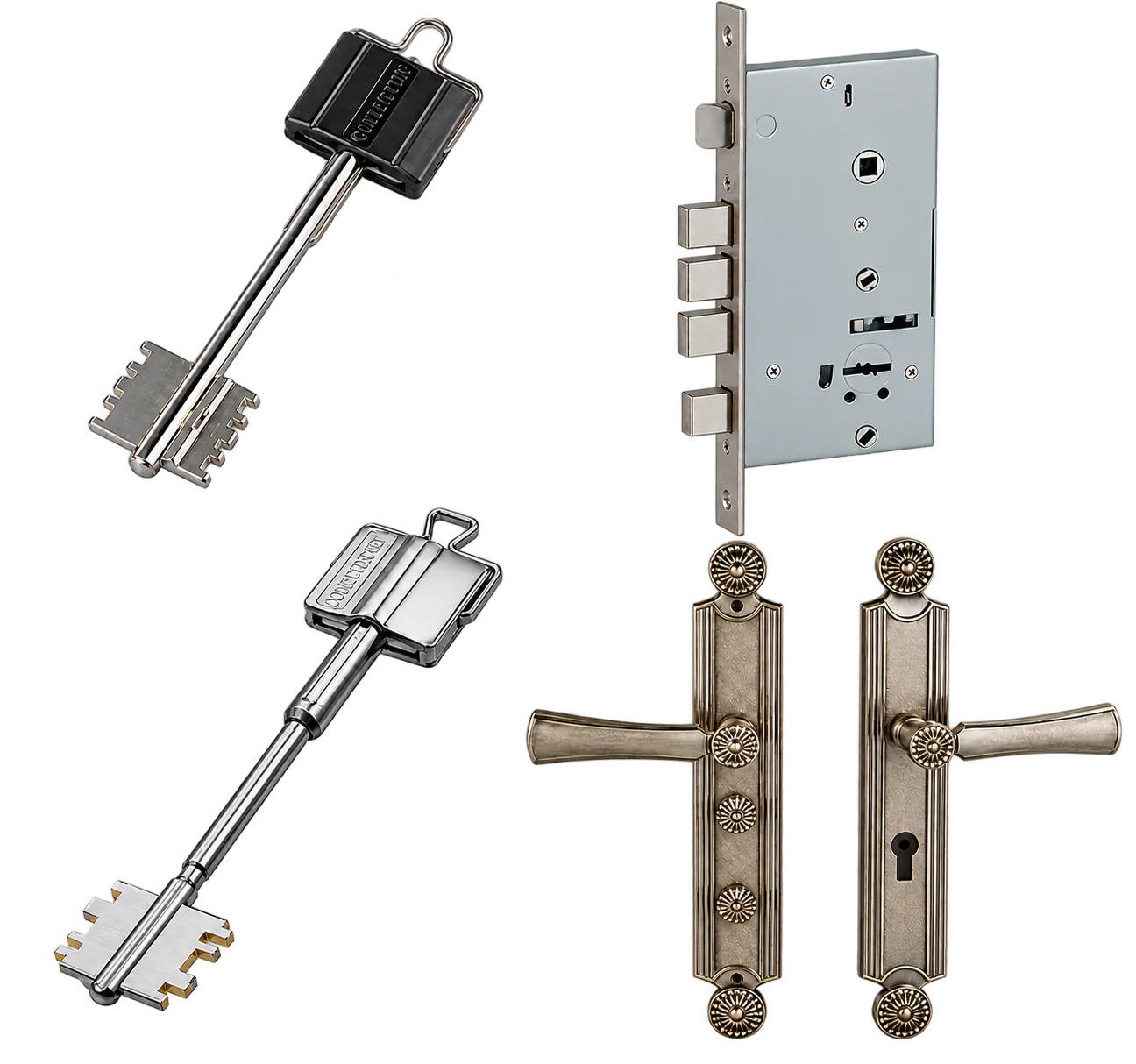 Gold Crown high-security mechanical keys, multi-bolt lock body and decorative handle set