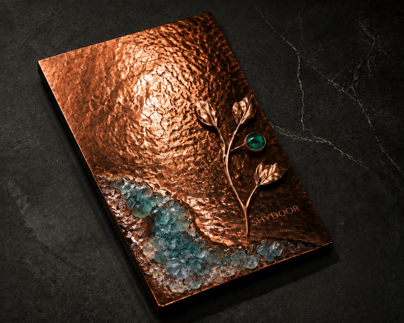 Copper sample with botanical metalwork and translucent inlay